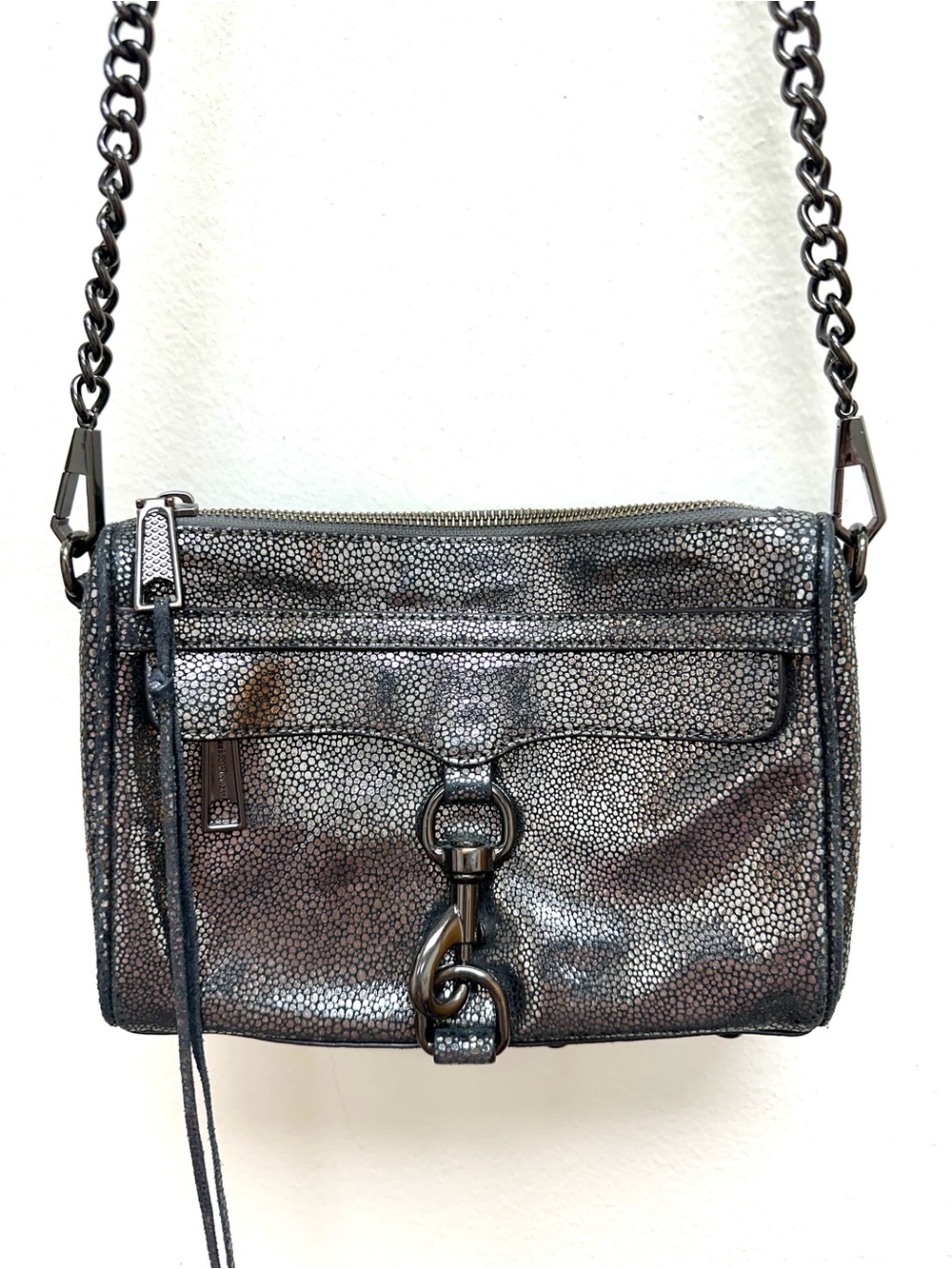 EUC Rebecca Minkoff Metallic Gunmetal Leather Crossbody Bag 9” x 6”